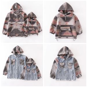 Aile Eşleşen Kıyafetler Girlymax Sonbahar/Kış uzun kollu bebek kızlar Anne Me Plaid denim ceket kapüşonlu kıyafetler çocuklar üst butik çocuk giyim 220914