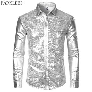 Men's Casual Shirts Silver Metallic Sequins Glitter Men 70's Party Halloween Costume Chemise Homme Stage Performance Male 220915