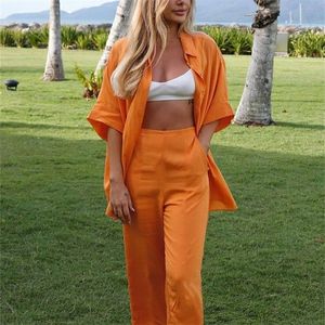 Kvinnors tv￥bitar byxor bclout orange linne byxa passar kvinnor l￶sa kort ￤rm enstaka br￶st l￥nga skjortor avslappnade breda ben byxor set kvinna 2 stycken 220913