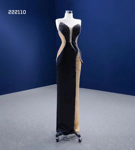 Vestido de baile de finalistas feminino preto cristal e dourado sem mangas com lantejoulas 222110
