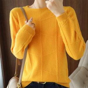 Women's Knits Tees Autumn Winter Ladies O-neck Long-Sleeved Knitted Pullover Cashmere Wool Checkered Pattern Sweater Casual Slim Bottoming 220914