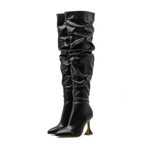 Сапоги женские плиссированные на коленях женщины кожаные бедро высокие длинные ботинки, дамы, заостренные пальцы на высоких каблуках Женские туфли женские туфли 220913