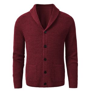 Мужские свитера Мужской кардиган с шалевым воротником, свитер Slim Fit, вязаный на пуговицах, черный свитер из шерсти мериноса 220914