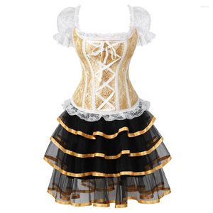 Bustiers Korsetts Frauen Sexy Lolita Korsett Kleid Vintage Spitze Ärmel Buistier Dessous Top mit Mini Tutu Rock Set Schönes Mädchenkostüm