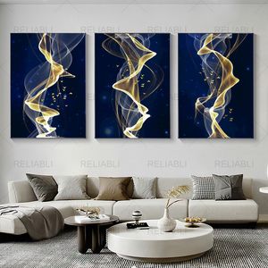 Blue Gold Line Wall Art Canvas Painting Posters Abstract Ribbons Pictures for Living Room Modern Print Nordic Office Decoration