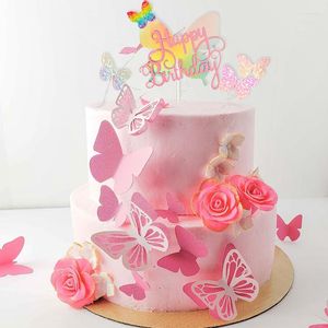 Party Supplies Happy Birthday Cake Topper Pink Butterfly Shape Toppers Set Baby Girl Decor Shower Decorations