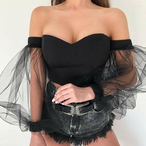 Kvinnors T-skjortor 2022 Sexiga kvinnor Mesh Puff Sleeve Strapless Off Shoulder Solid Crop Tops Long Blus Shirt Bare-Midriff