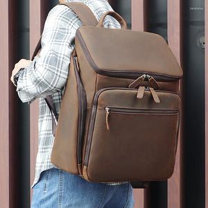 Borteiras mochilas de couro machado camada superior de couro duplo bolsa de ombro de ombro retrô laptop masculino de 15,6 