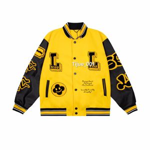 22FW France New Catwalk Amarelo Jaquetas de beisebol Manga de couro Splicing Early Autumn Inverno Classic Tootes Bordado de Bordado Man Women Fashion Outwear TJAMJK109