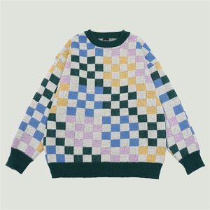 Erkekler sweaters hip hop ekose patchwork örgü erkekler harajuku büyük boy gevşek pamuk o boyun kazık unisex sokak giysileri üstler yeşil 220913