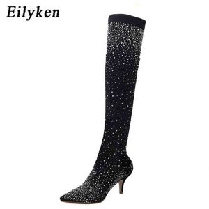 Stövlar Eilyken Design Crystal Rhinestone Stretch Tyg Sexig High Heels Sock Over The Knee Boots Pekade tåpoldans Kvinnor Skor 220913