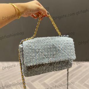 19 Sacos Femininos Clássicos Tweed Acolchoados Lantejoulas 6 Cores Metal Dourado Bolsa de Ombro Transversal Bolsa Clutch com Alça Superior Bolsa Sacoche de Grande Capacidade para Área Externa 26CM