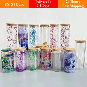 Wholesale US Local Warehouse 12oz 16oz 20oz Double Wall Sublimation Glass Tumblers Snow Globe Beer Frosted Cans Drinking Glasses Cups With Bamboo Lid And Reusable Straw