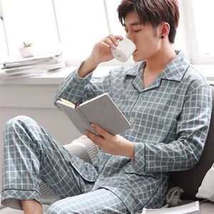 Menas de dormir masculinas 100% algodão Pijama para homens 2 peças Pijama de pijamas Plaid Spring Spring Bedgown Rous