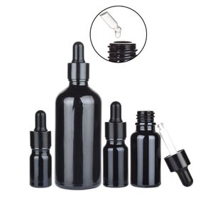 Garrafas de óleo essencial de vidro preto fosco garrafa de conta -gotas com tampa de alumínio anodizada brilhante 5ml 10ml 15ml 30ml 50ml 100ml