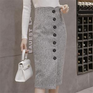 Saias 2022 Página de lã de inverno Faldas Botão de lã de cintura alta Lápis Midi Office Ladies Elegant Gray