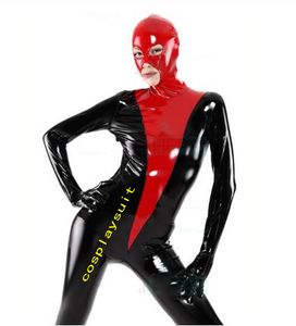 Costumi per adulti Sexy Full Body Catsuit Cuciture colore PVC Zentai Suit Open Eyes Mouth Fancy Dress Zentai Body cappuccio rimovibile Custom Made