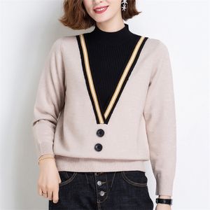 Kvinnors stickor Tees Fake Two-Piece Women Sweater Autumn Winter Half High Collar Long Sleeve Pullovers Top Femme Sticked Loose Sweater Mujer 220914