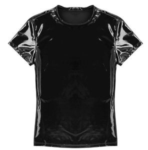 Mens Wetlook Catsuit Costumes Tops Punk Fashion Clothing Pvc Faux Leather Male T-Shirt Night Parties Clubwear Costume Muscle Tight T-shirt
