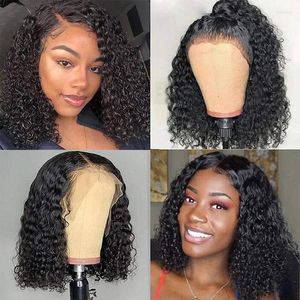 Kısa kıvırcık bob peruklar brezilyalı saçlı insan için siyah kadınlar için ön önceden koparılmış bebek saçları% 150 yoğunluk peruk