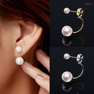 Stud Earrings Boho Double Pearl Drop Long Hanging For Women Stainless Steel Gold Bridesmaid Gift