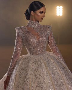 Bling Bling Dubai Ball Gown Wedding Dresses Long Sleeve Bridal Gowns High Neck Muslim Arabic Beading Sequined Robes De Mariee