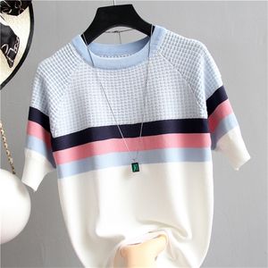 Kvinnors stickor Tees Knit Plaid Summer Short Sleeve Rands Pullover Women tröja stickade tröjor Toppar Korean Fashion Pull Femme Jumper Female 220914