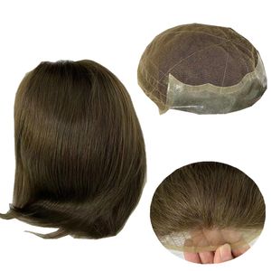 100% Human Hair Q6 Base 4# Brown Color Straight Brazilian Hairpiece Male Hair System Lace With Pu Toupee For Men