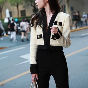 Women's v-neck black white color block tweed jacket slim waist woolen short coat SMLXLXXL