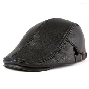 Berets Schaffell Echtes Leder Sboy Cap Marke Qualität Mittleren Alters Und Alte Mann Vintage Flache Herbst Winter Baskenmütze Hut