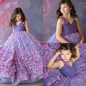 Flickaklänningar söta Lanvender Flower Spaghetti Lace 3d Floral Appliced ​​Girls Pageant Dress Custom Made Födelsedagsklänningar