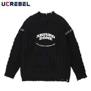 Herrtröjor brev tryck stickad tröja mens runda hals casual tröja streetwear rippad hål långärmad pullover män 220914