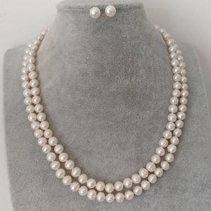 Hand knotted 2rows necklace 7-8mm white freshwater pearl 45cm earrings set for women fashion jewelry