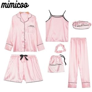 Kvinnors sömnkläder rosa kvinnor 7 stycken pajamas set faux silk randig pyjama kvinnor sömnkläder vår sommar höst hemkläder lounge hem kläder 220913