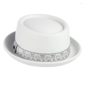 Berets GEMVIE Wool Men Pork Pie Hat For Dad Uniex White Black Top Lady Gentleman Flat Bowler Porkpie Fedora Women