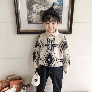 2-15T barn toppar kläder Autumn Boys Pullover Fashion Cool Lapel Long Sleeve Children's Sticked tröja Gentleman Outfit 0913