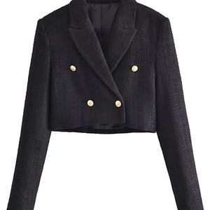 Damenanzüge Blazer TRAF Frauen Mode Tweed Cropped Blazer Mantel Vintage Langarm Frontknöpfe Weibliche Oberbekleidung Chic Veste Femme 220913