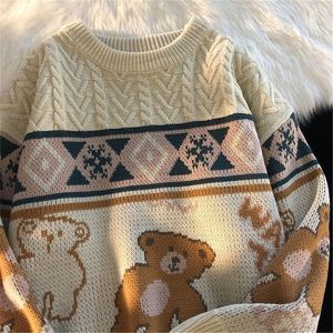 Suéter dos homens bonito urso tops oversize homens high street tricô camisola outono pulôver solto harajuku kawaii branco mulheres casal 220914
