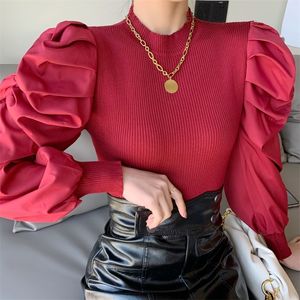 Frauen Strick T-Shirts Frauen Solide Pullover Rollkragen Abgeschnitten Pullover Top Patchwork Volle Puff Sleeve Pullover Jumper Für Weibliche 220914