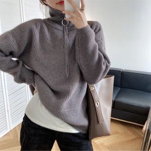 Maglieria da donna T-shirt Design senso dolcevita pullover con cerniera maglione da donna autunno e inverno pigro abbigliamento esterno sciolto top lavorato a maglia 220914