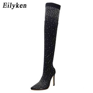 Buty Eilyken Fashion Runway Crystal Stretch Fabric Sock nad kolanem uda wysoko spiczaste palec u nóg sztyletowe buty do pięty 220913
