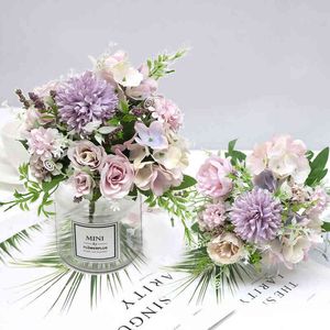 Faux blommor grönare 7 huvuden hortensia blommor konstgjorda bukett siden blommande falsk pion brud hand blomma rosor bröllop centerpieces dekor j220906