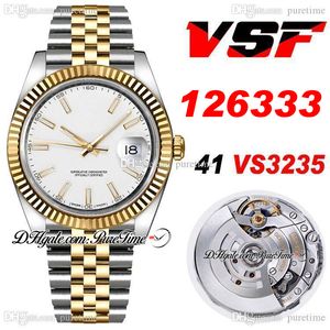 VSF Bara 126333 VS3235 Automatisk herrklocka 41 Två ton Yellow Gold White Dial Stick Markers 904L Jubileesteel Armband Super Edition Samma Series Card Puretime A1