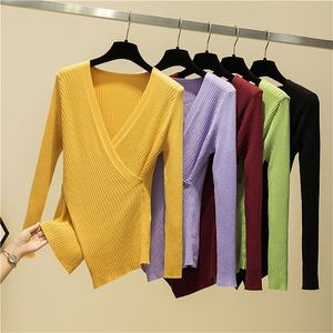 Damen Strick Tees T-Shirts unregelmäßige sexy sexy V-Ausschnitt Langarm Pullover Strickpullover Frauen Winterpullover Strickwear Koreanische Frau Kleidung Herbst 220914