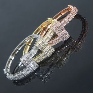 T Crystal Cubic Zircon Cuff Bangle Real Gold Plated Bracelets Women Girl Gift Wedding Jewelrys