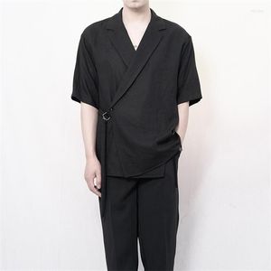 Camisas casuais masculinas verão 2022 camisa de manga curta masculina trespassada linho escuro LOW TREND