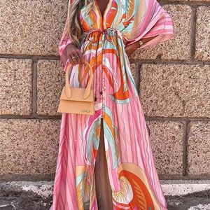 Fritidsklänningar Sommartryck Dam Oversized Holiday Beach Boho Long Cover Up Kvinnlig ärm Lös tunika 220914