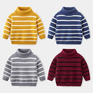 Pullover 2022 Cold Winter Warm 2 3 4 6 8 10 Years 90-140cm Thickening High Neck Knitted Turtleneck Striped Sweater For Baby Kids Boys 0913