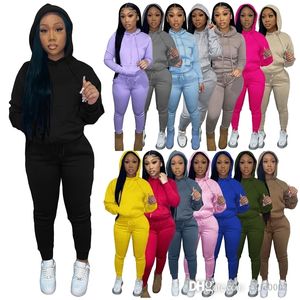 Sonbahar Kış Kışları Krop Trailtsits İki parça Set Tasarımcı Peluş Peluş Drawstring Hoodie Sweatpants Kıyafetler Spor giysileri