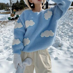 Damen-Strick-T-Shirts, gemütlicher Wolkenpullover für Damen, niedlicher Cartoon-Langarm-Pullover mit Rundhalsausschnitt, Pullover, Herbst-Winter-Strickoberteile / 220914